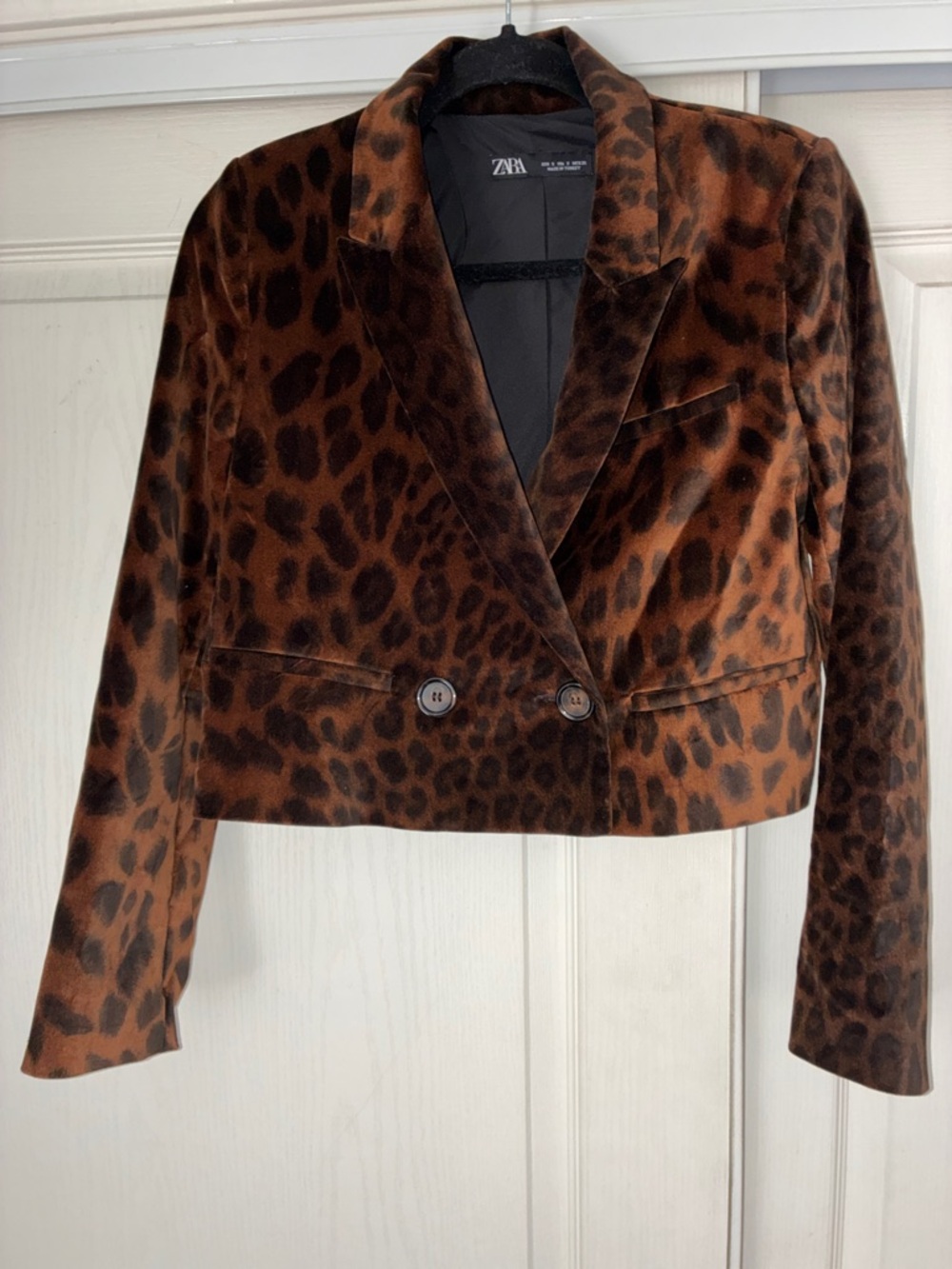 Zara Brown Leopard Print Velvet Cropped Blazer